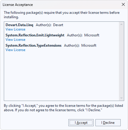 Installation via package manager license acceptance