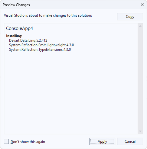 Installation via package manager preview changes