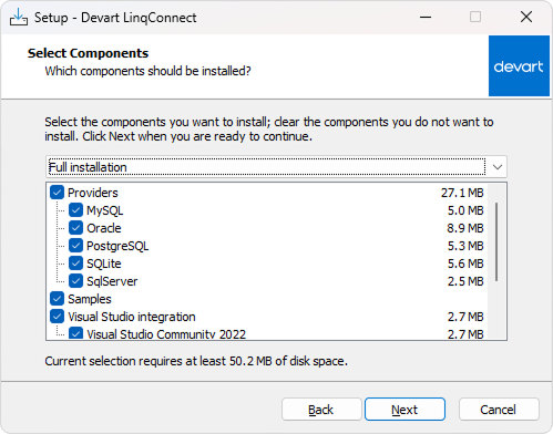 Installation via wizard - select components