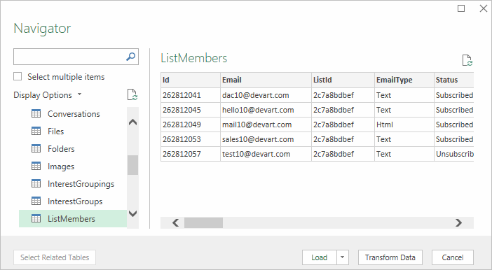 List of tables from ODBC data source