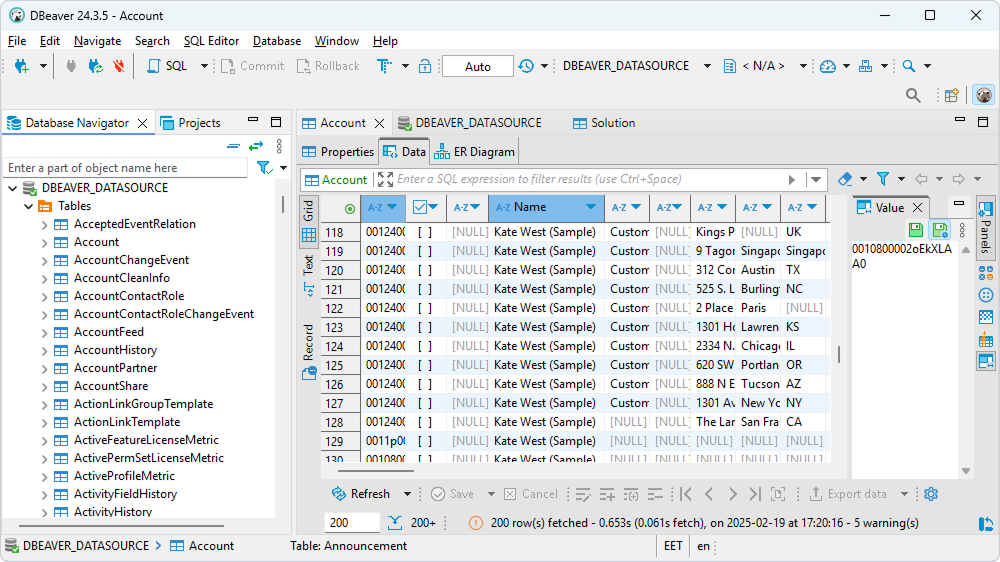 Account table data loaded in DBeaver Community