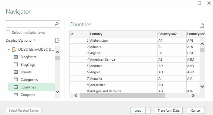 List of tables from ODBC data source