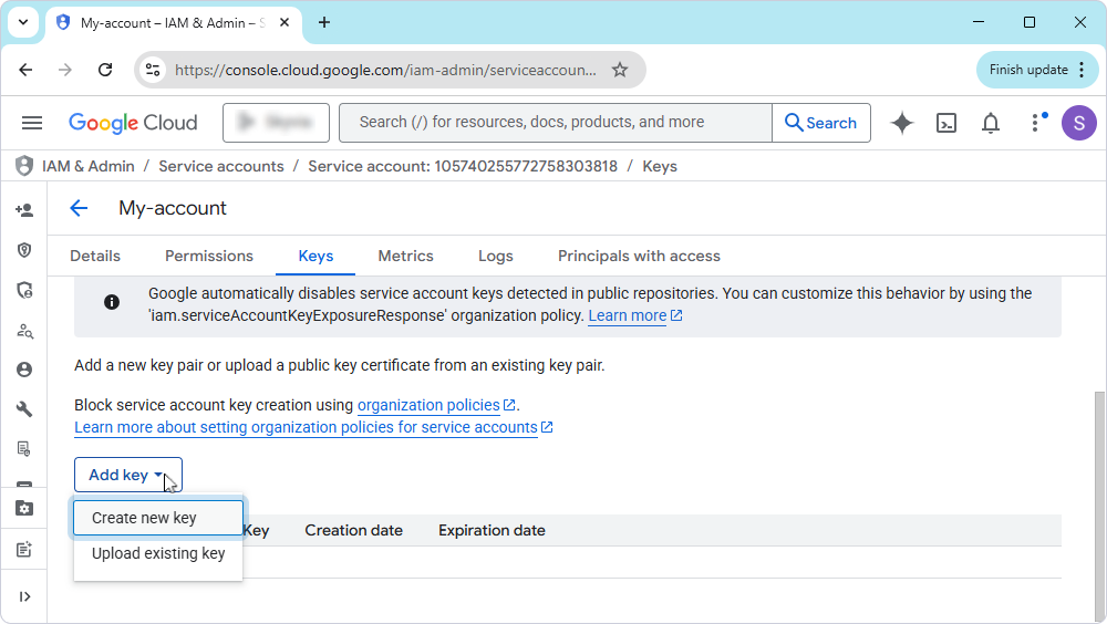The Create new key option