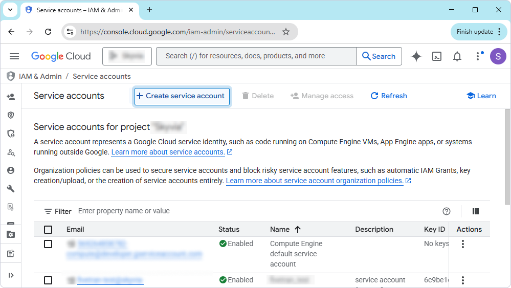 The Create service account option