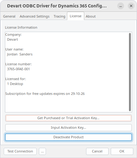 Deactivate Product button highlighted on the License tab in the diver configuration dialog