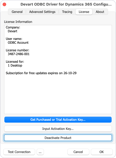 Deactivate Product button highlighted on the License tab in the diver configuration dialog
