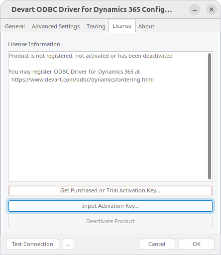 Input Activation Key button highlighted on the License tab in the driver configuration dialog