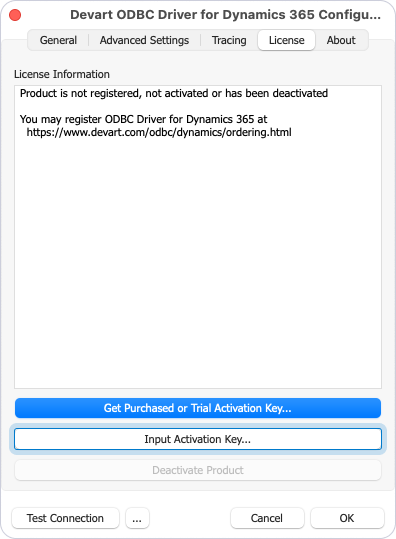Input Activation Key button highlighted on the License tab in the driver configuration dialog