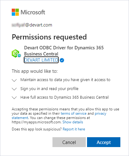 Permissions requested for Dynamics 365 Business Central