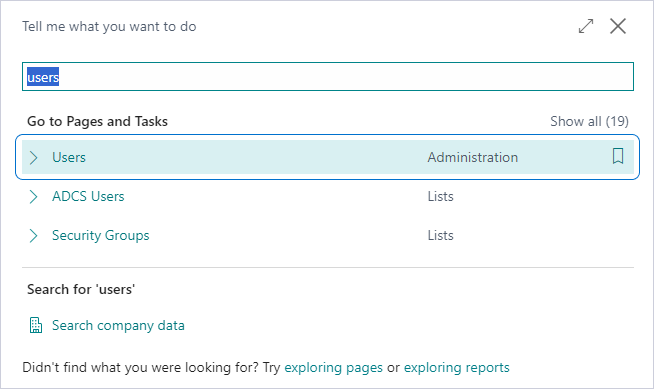 Typing users in the Search field of Dynamics 365 Business Central