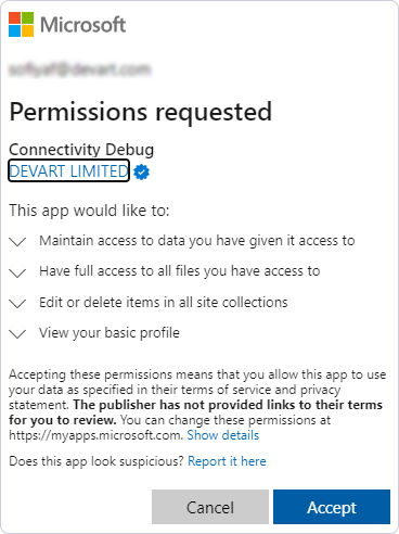 Giving access to Microsoft account data