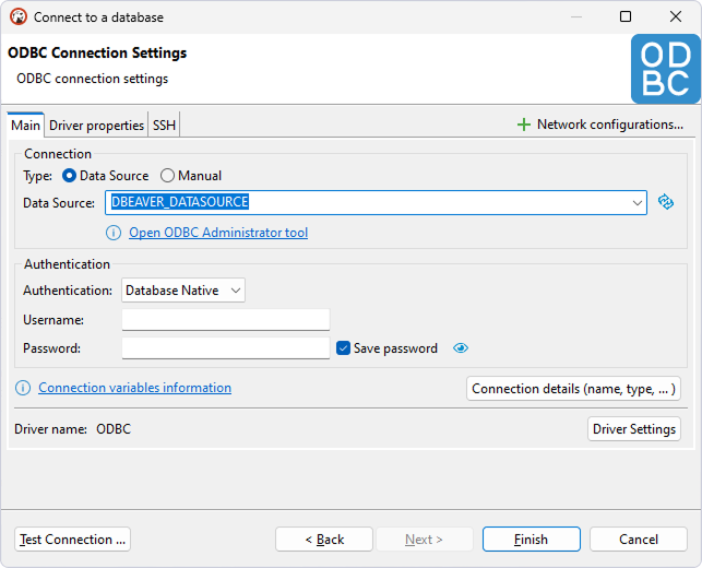 ODBC connection settings page of the Connect to a database dialog