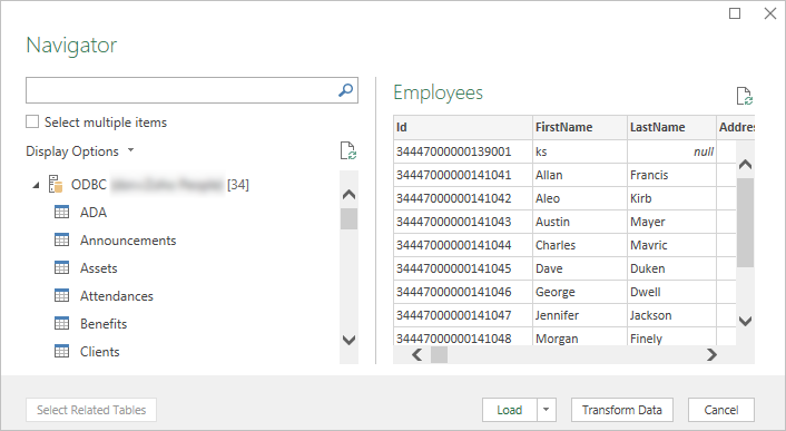 List of tables from ODBC data source