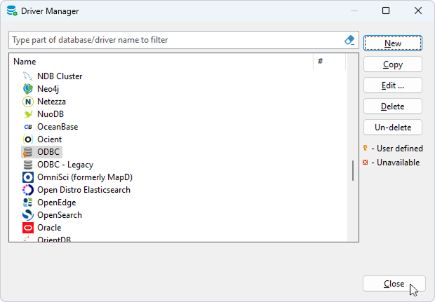 Click Close in the Driver Manager dialog