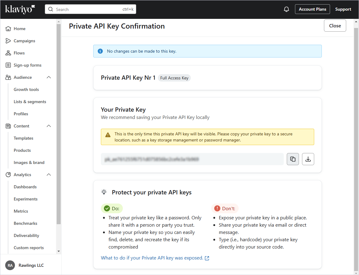 Confirming a Private API Key in Klaviyo