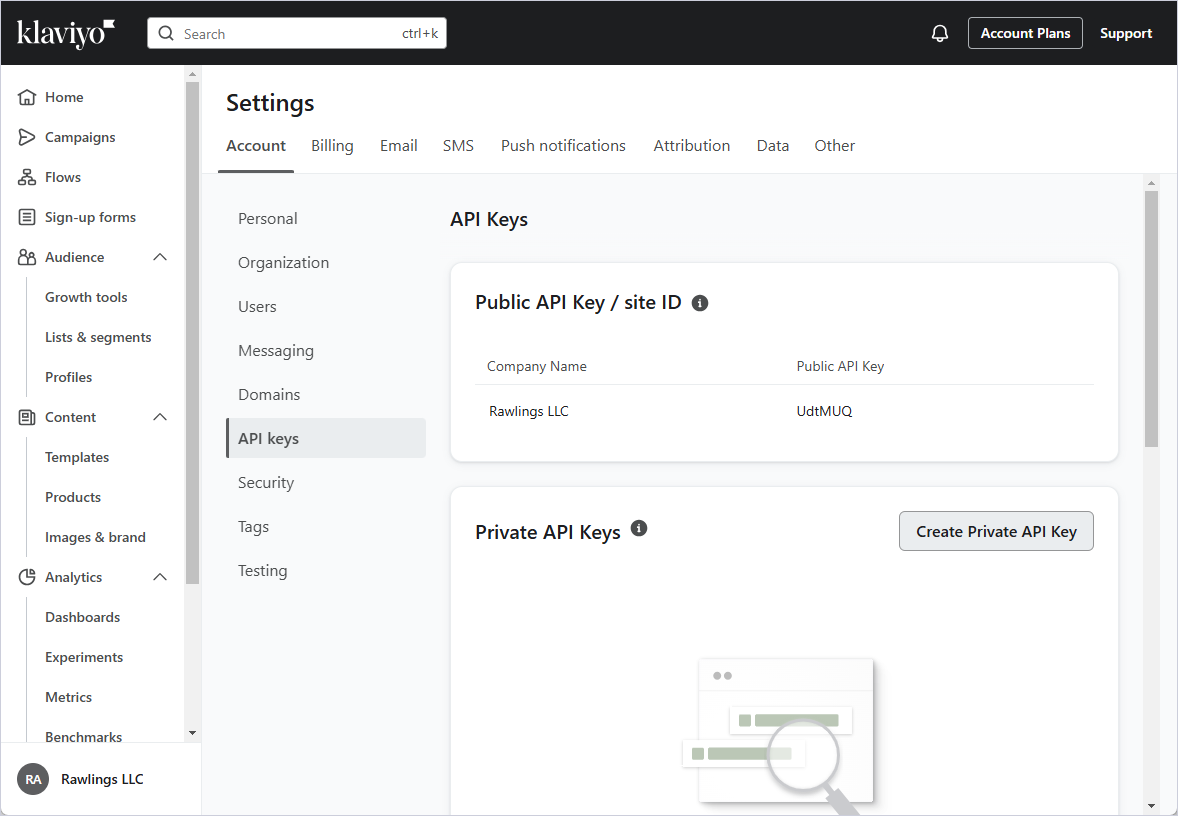 Klaviyo Settings window