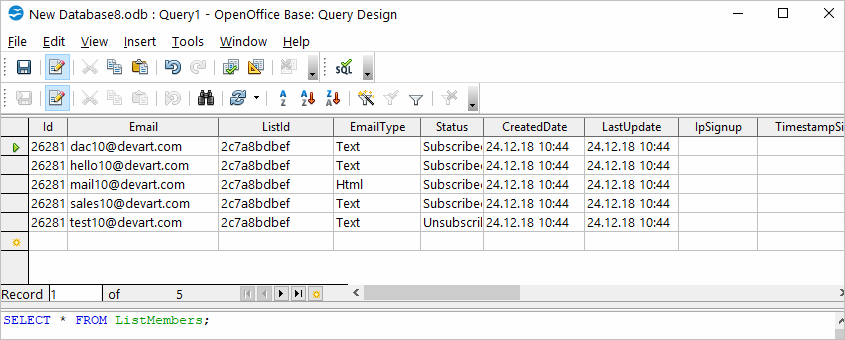 Open Office Query Result