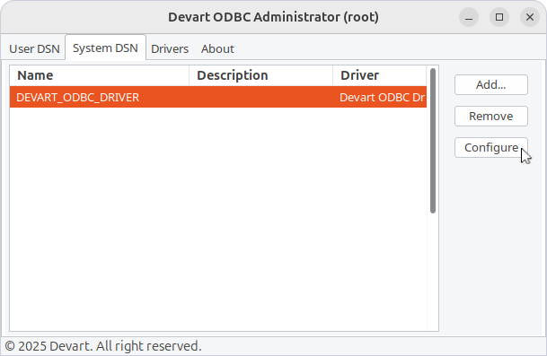 Devart ODBC Administrator with a selected DSN