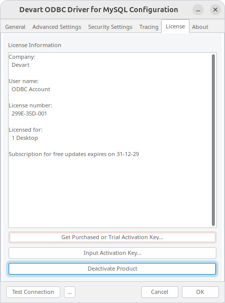 Deactivate Product button highlighted on the License tab in the diver configuration dialog