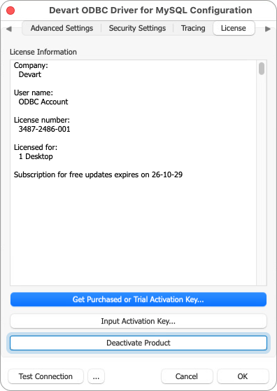 Deactivate Product button highlighted on the License tab in the diver configuration dialog