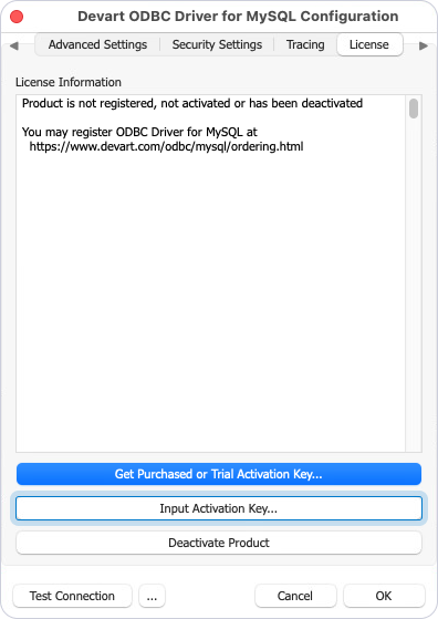 Input Activation Key button highlighted on the License tab in the driver configuration dialog
