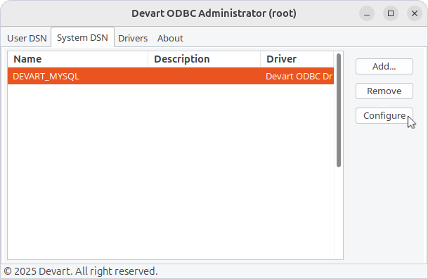 Devart ODBC Administrator with a selected DSN