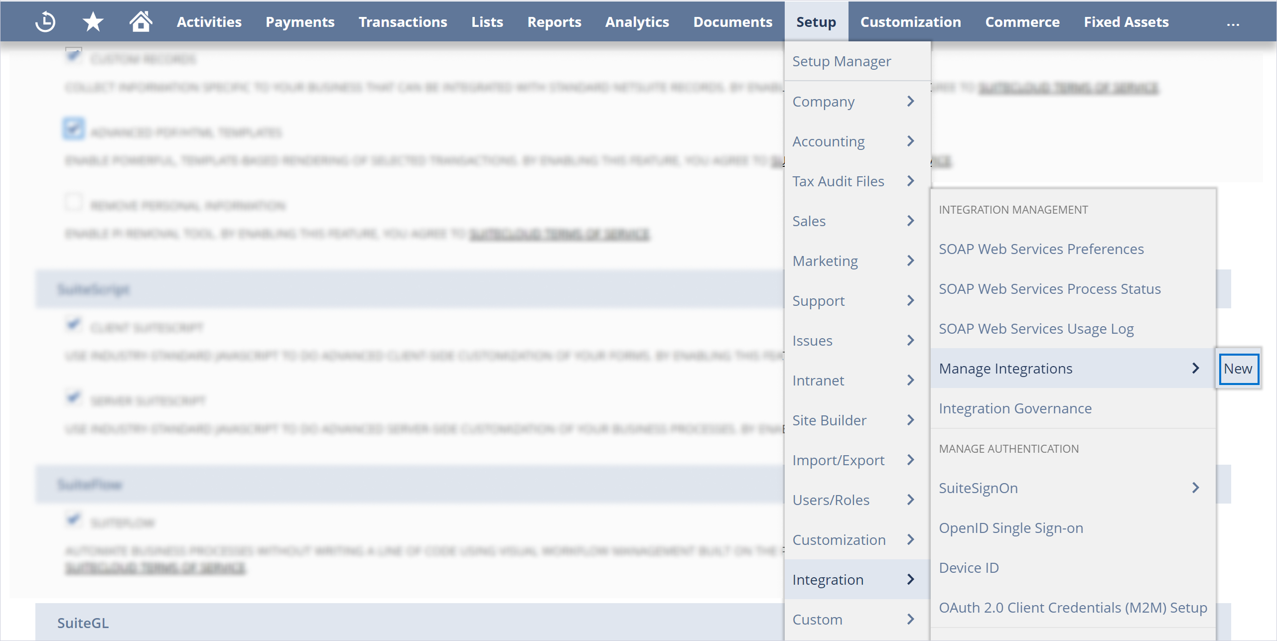 Open the NetSuite Manage Integrations page for a new application
