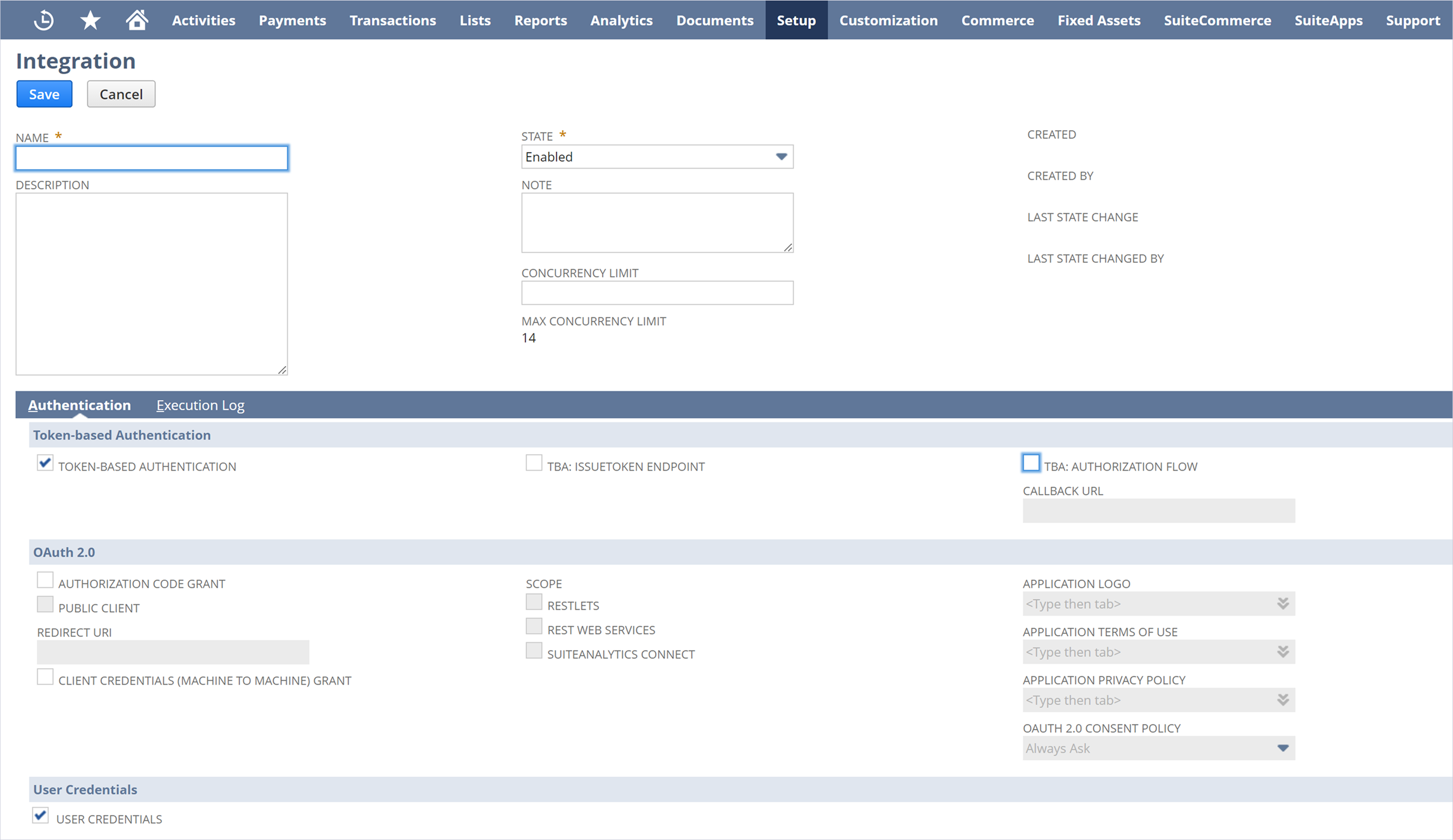 Enter an application name and select Token-Based Authentication checkbox in the Integration window