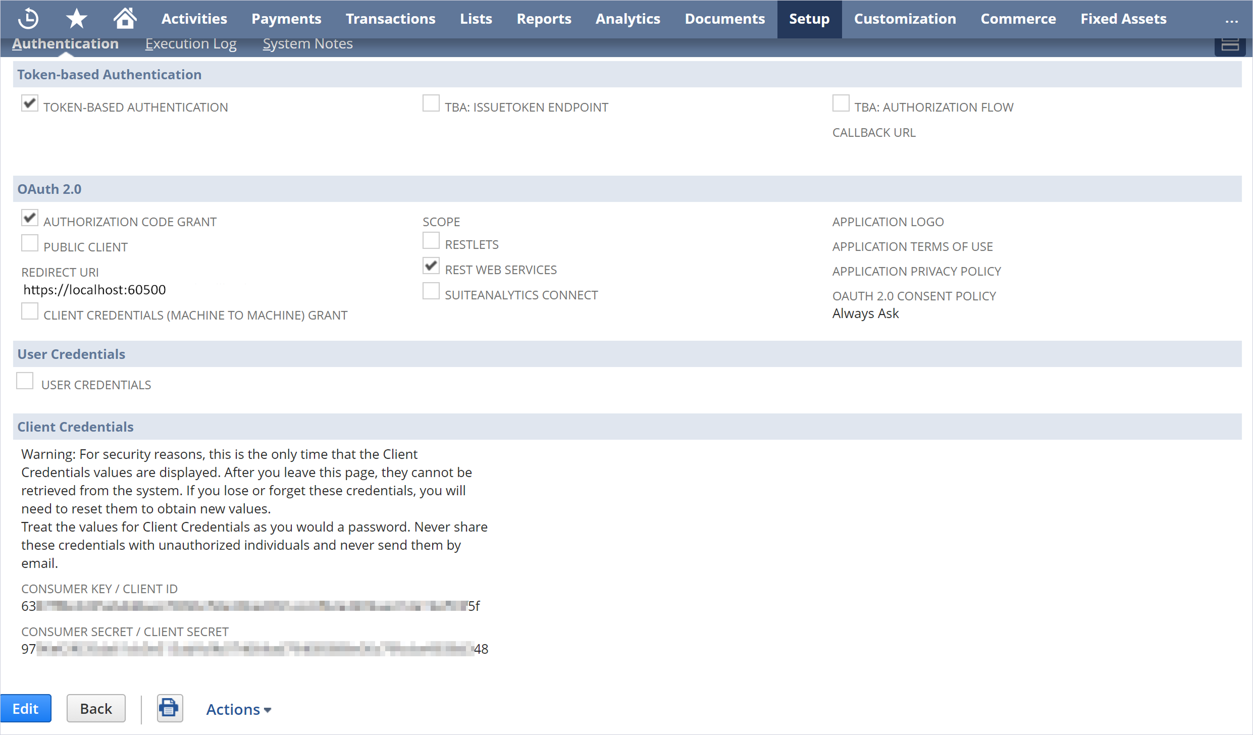 Copy the credentials for the OAuth 2.0 authentication