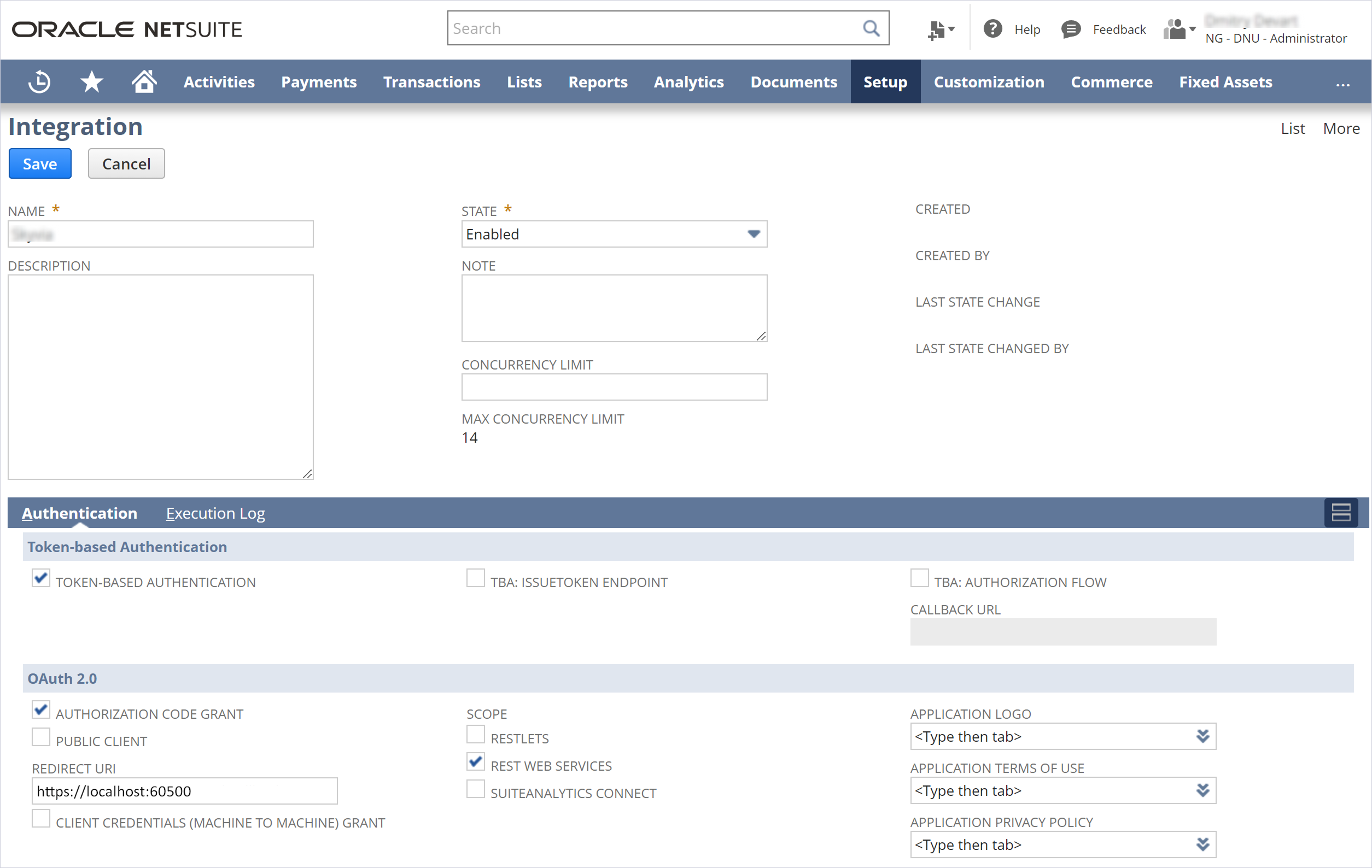 Configure settings for the OAuth 2.0 authentication in the Integration pane