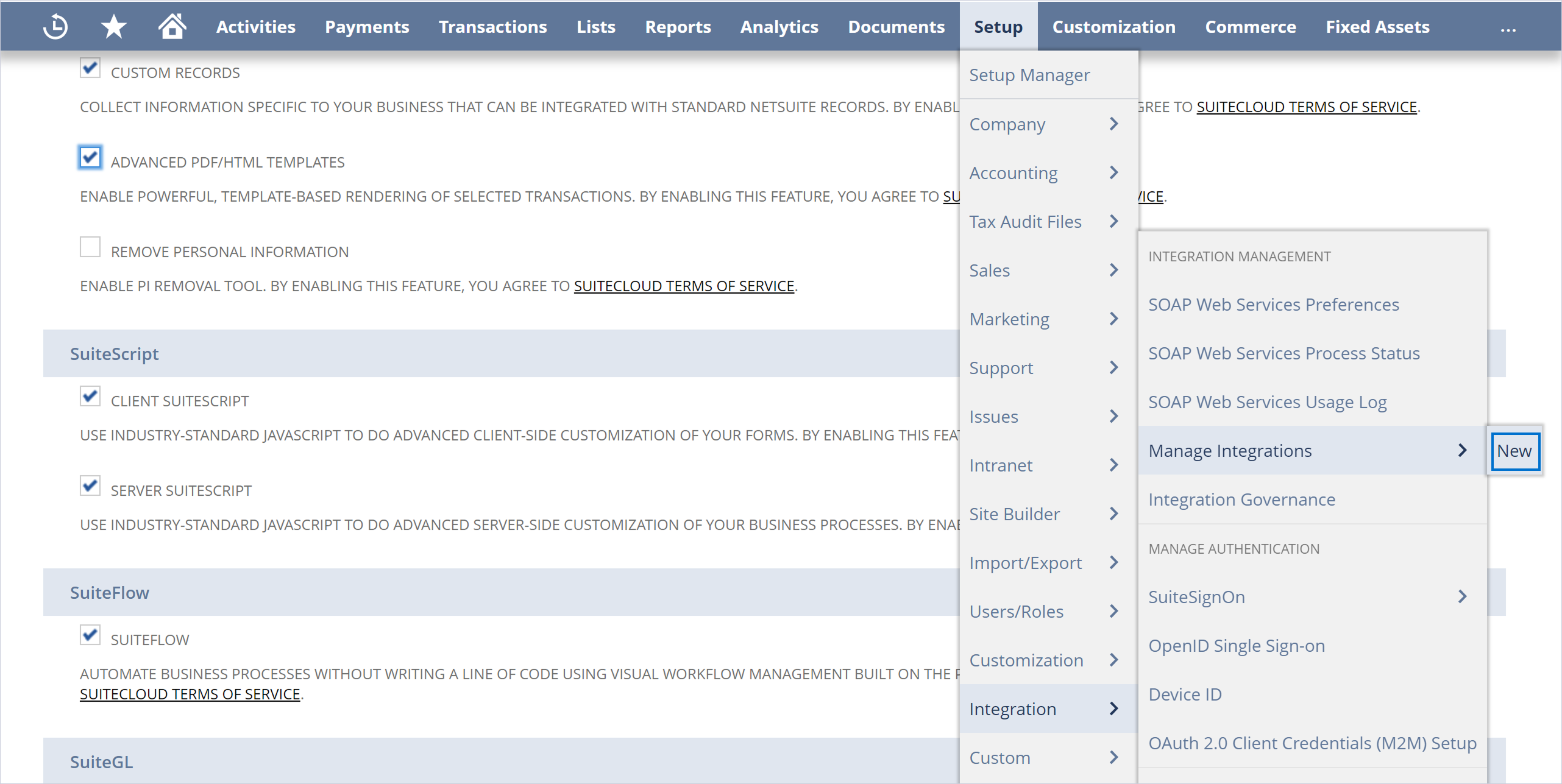 Select Setup > Integration > Manage Integrations > New