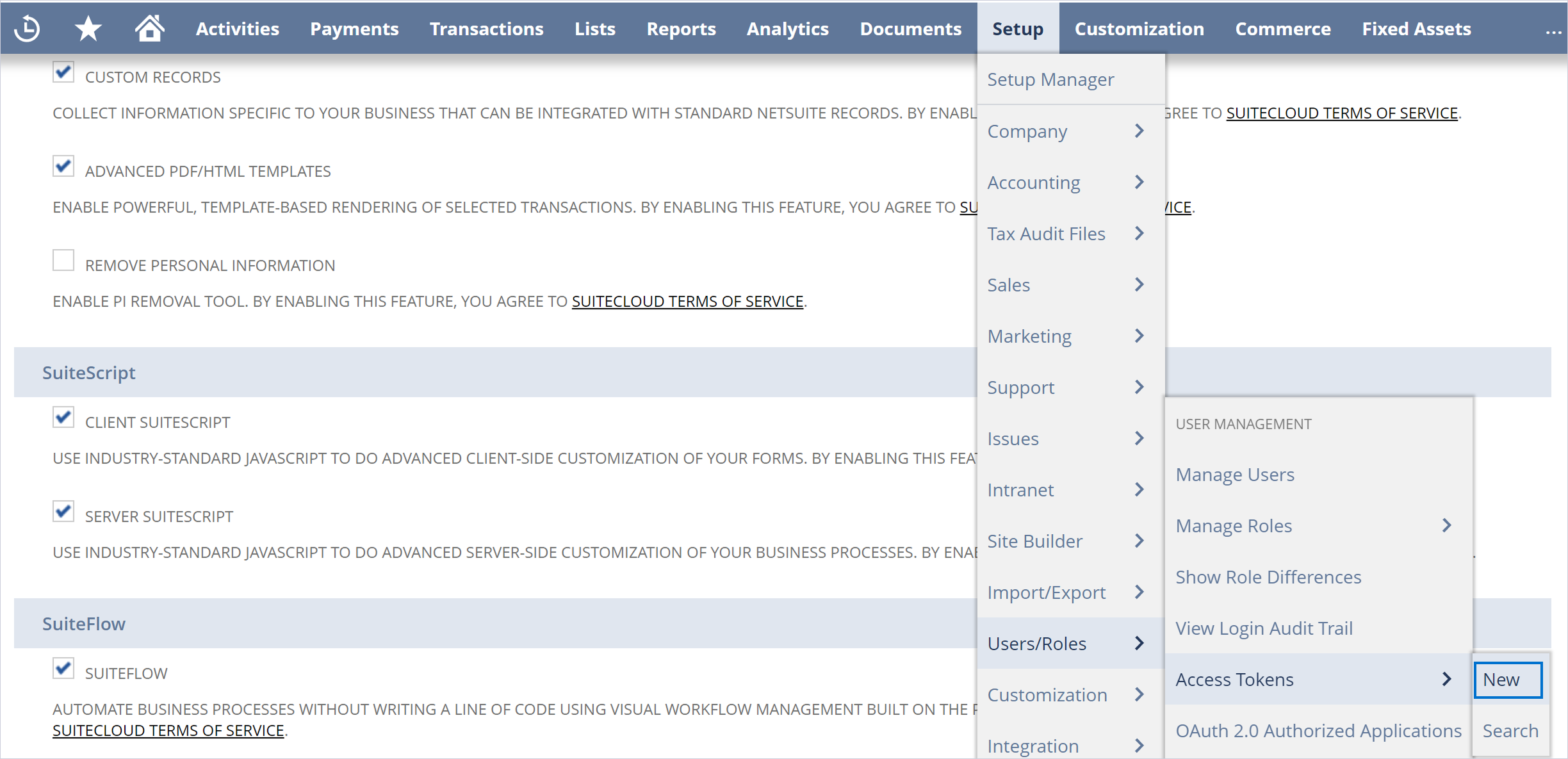 Select Setup > Users/Roles > Access Tokens > New