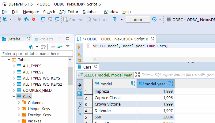 Execute SQL query in DBeaver against NexusDB database