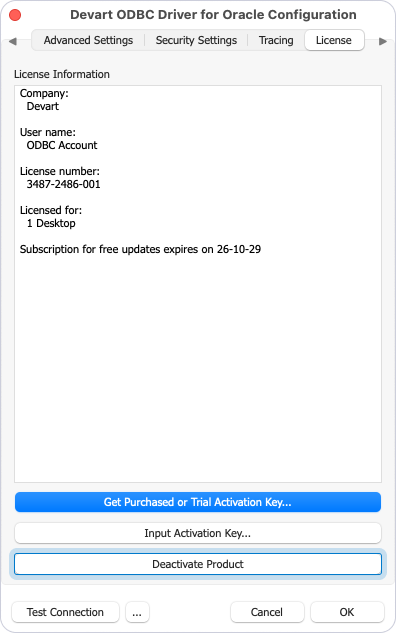 Deactivate Product button highlighted on the License tab in the diver configuration dialog