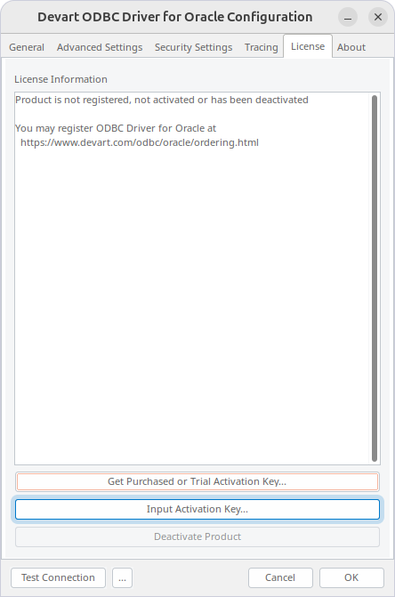 Input Activation Key button highlighted on the License tab in the driver configuration dialog