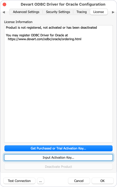Input Activation Key button highlighted on the License tab in the driver configuration dialog
