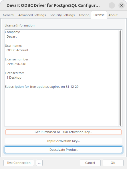 Deactivate Product button highlighted on the License tab in the diver configuration dialog