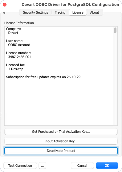 Deactivate Product button highlighted on the License tab in the diver configuration dialog