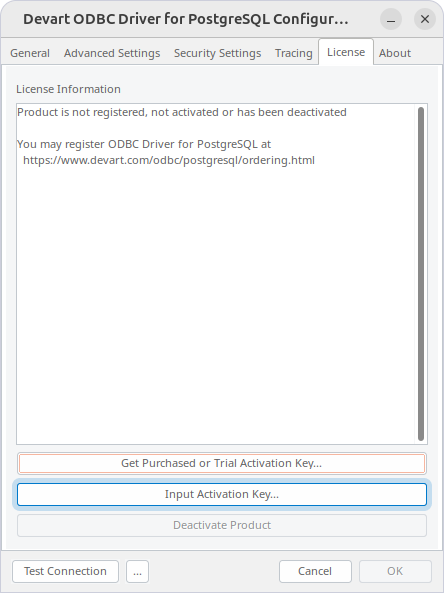 Input Activation Key button highlighted on the License tab in the driver configuration dialog