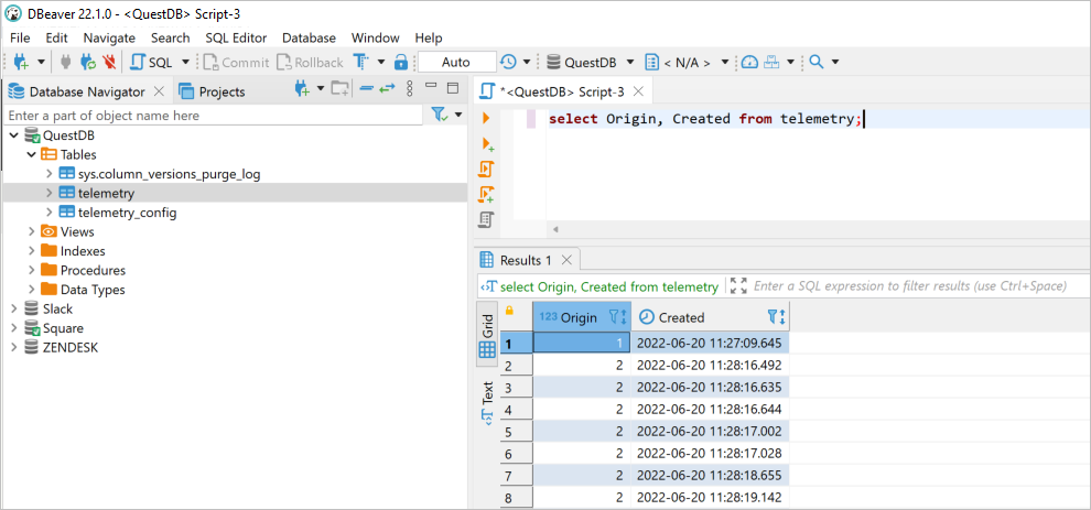 Execute SQL query in DBeaver against QUESTDB database