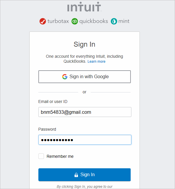 Enter credentials to log in to Quickbooks Online