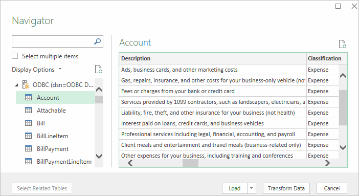 List of tables from ODBC data source