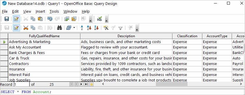 Open Office Query Result