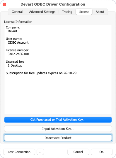 Deactivate Product button highlighted on the License tab in the diver configuration dialog