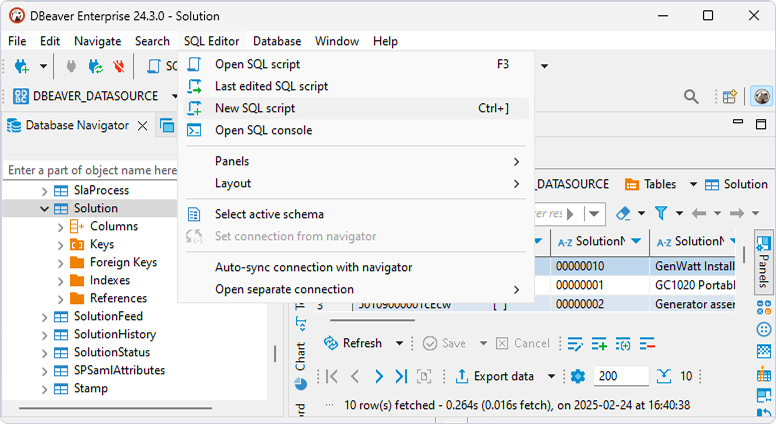 Select SQL Editor > New SQL script in DBeaver Enterprise