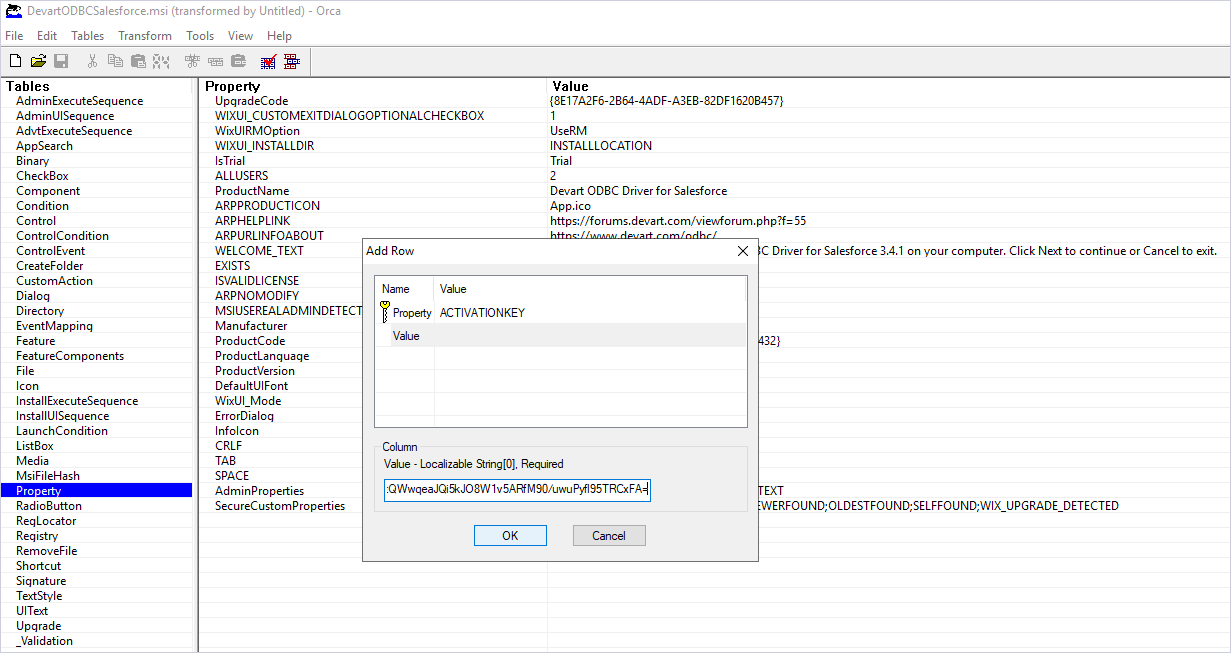 Configuring the Add Row dialog