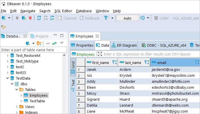 Retrieve data from SQL Azure in DBeaver