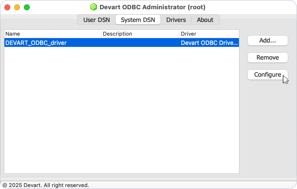 Devart ODBC Administrator with a selected DSN