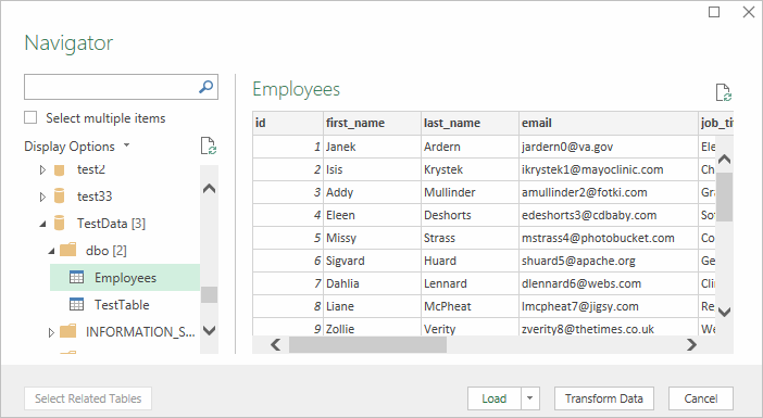 List of tables from ODBC data source