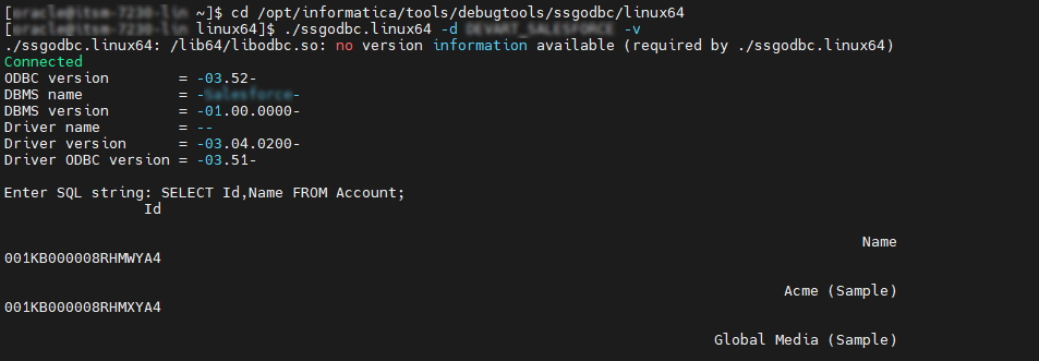 A connection test and an executed SQL query.